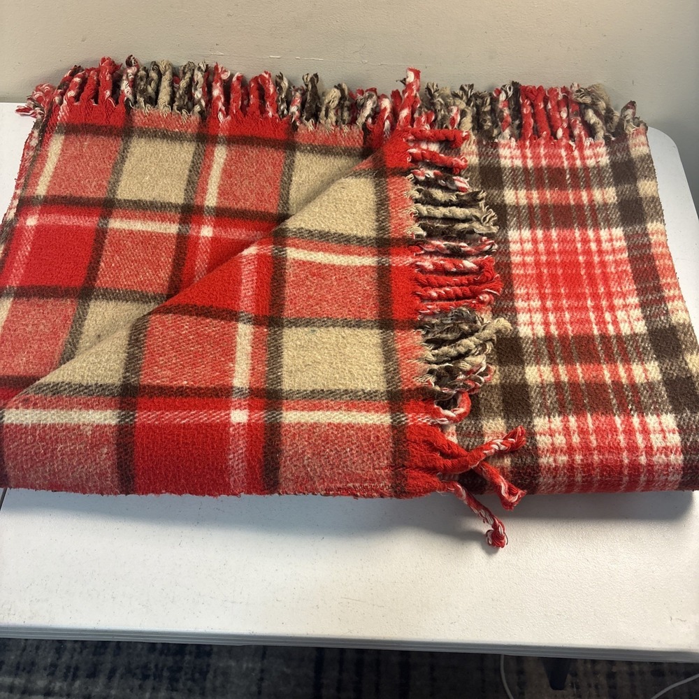 Plaid Reversible Throw Blanket Red Tan THICK Poly Blend Camp Cottage 60x80